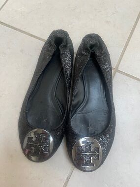 Tory Burch Black Glitter Logo Ballet Flats